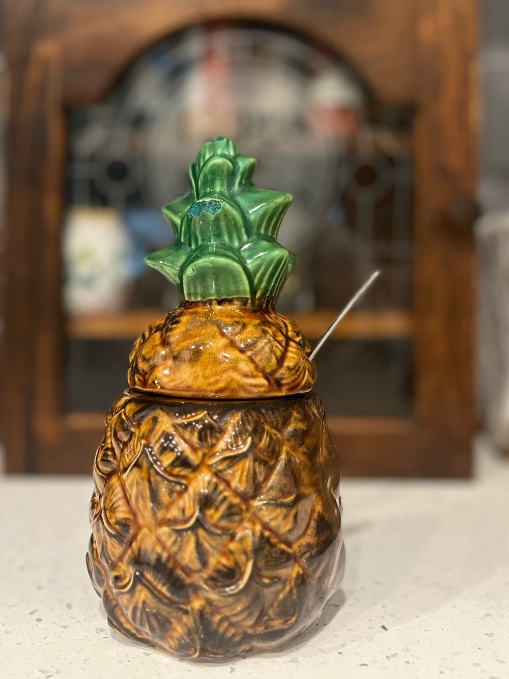 Vintage Ceramic Pineapple Sugar Jar with Lid and Spoon.